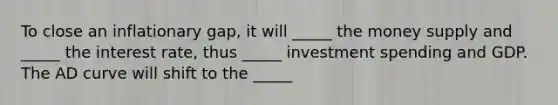 To close an inflationary gap, it will _____ the money supply and _____ the interest rate, thus _____ investment spending and GDP. The AD curve will shift to the _____