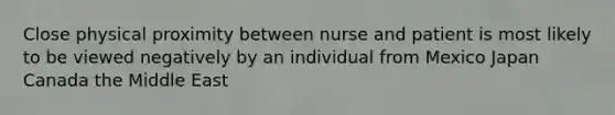 Close physical proximity between nurse and patient is most likely to be viewed negatively by an individual from Mexico Japan Canada the Middle East