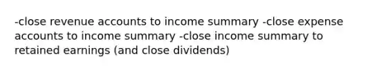 -close revenue accounts to income summary -close expense accounts to income summary -close income summary to retained earnings (and close dividends)