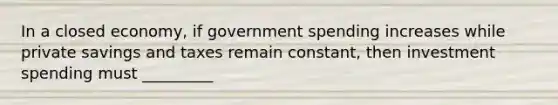 In a closed economy, if government spending increases while private savings and taxes remain constant, then investment spending must _________