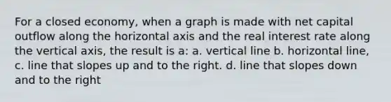 For a closed economy, when a graph is made with net capital outflow along the horizontal axis and the real interest rate along the vertical axis, the result is a: a. vertical line b. horizontal line, c. line that slopes up and to the right. d. line that slopes down and to the right