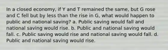 In a closed economy, if Y and T remained the same, but G rose and C fell but by less than the rise in G, what would happen to public and national saving? a. Public saving would fall and national saving would rise. b. Public and national saving would fall. c. Public saving would rise and national saving would fall. d. Public and national saving would rise.