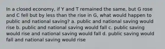 In a closed economy, if Y and T remained the same, but G rose and C fell but by less than the rise in G, what would happen to public and national saving? a. public and national saving would rise b. public and national saving would fall c. public saving would rise and national saving would fall d. public saving would fall and national saving would rise