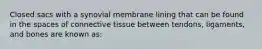 Closed sacs with a synovial membrane lining that can be found in the spaces of connective tissue between tendons, ligaments, and bones are known as: