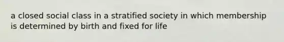 a closed social class in a stratified society in which membership is determined by birth and fixed for life