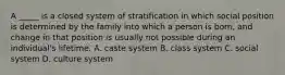 A _____ is a closed system of stratification in which social position is determined by the family into which a person is born, and change in that position is usually not possible during an individual's lifetime. A. caste system B. class system C. social system D. culture system