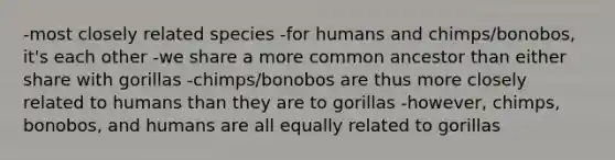 -most closely related species -for humans and chimps/bonobos, it's each other -we share a more common ancestor than either share with gorillas -chimps/bonobos are thus more closely related to humans than they are to gorillas -however, chimps, bonobos, and humans are all equally related to gorillas