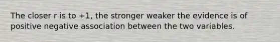 The closer r is to +​1, the stronger weaker the evidence is of positive negative association between the two variables.