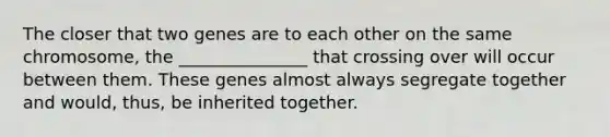 The closer that two genes are to each other on the same chromosome, the _______________ that crossing over will occur between them. These genes almost always segregate together and would, thus, be inherited together.