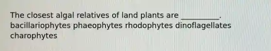 The closest algal relatives of land plants are __________. bacillariophytes phaeophytes rhodophytes dinoflagellates charophytes