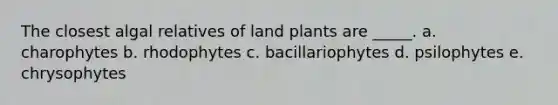 The closest algal relatives of land plants are _____. a. charophytes b. rhodophytes c. bacillariophytes d. psilophytes e. chrysophytes