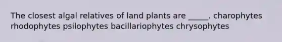 The closest algal relatives of land plants are _____. charophytes rhodophytes psilophytes bacillariophytes chrysophytes