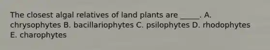 The closest algal relatives of land plants are _____. A. chrysophytes B. bacillariophytes C. psilophytes D. rhodophytes E. charophytes