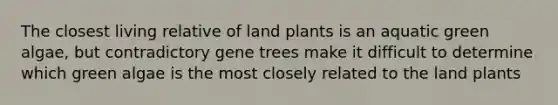 The closest living relative of land plants is an aquatic green algae, but contradictory gene trees make it difficult to determine which green algae is the most closely related to the land plants