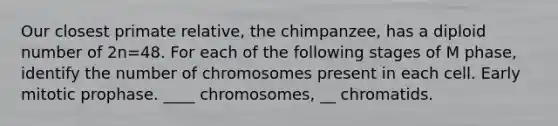 Our closest primate relative, the chimpanzee, has a diploid number of 2n=48. For each of the following stages of M phase, identify the number of chromosomes present in each cell. Early mitotic prophase. ____ chromosomes, __ chromatids.