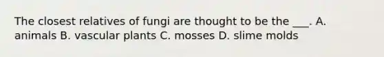 The closest relatives of fungi are thought to be the ___. A. animals B. <a href='https://www.questionai.com/knowledge/kbaUXKuBoK-vascular-plants' class='anchor-knowledge'>vascular plants</a> C. mosses D. <a href='https://www.questionai.com/knowledge/kHvmUbfxIK-slime-molds' class='anchor-knowledge'>slime molds</a>