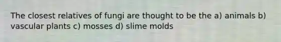 The closest relatives of fungi are thought to be the a) animals b) <a href='https://www.questionai.com/knowledge/kbaUXKuBoK-vascular-plants' class='anchor-knowledge'>vascular plants</a> c) mosses d) <a href='https://www.questionai.com/knowledge/kHvmUbfxIK-slime-molds' class='anchor-knowledge'>slime molds</a>