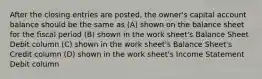 After the closing entries are posted, the owner's capital account balance should be the same as (A) shown on the balance sheet for the fiscal period (B) shown in the work sheet's Balance Sheet Debit column (C) shown in the work sheet's Balance Sheet's Credit column (D) shown in the work sheet's Income Statement Debit column