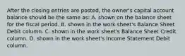 After the closing entries are posted, the owner's capital account balance should be the same as: A. shown on the balance sheet for the fiscal period. B. shown in the work sheet's Balance Sheet Debit column. C. shown in the work sheet's Balance Sheet Credit column. D. shown in the work sheet's Income Statement Debit column.