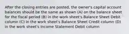 After the closing entries are posted, the owner's capital account balances should be the same as shown (A) on the balance sheet for the fiscal period (B) in the work sheet's Balance Sheet Debit column (C) in the work sheet's Balance Sheet Credit column (D) in the work sheet's Income Statement Debit column