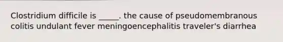 Clostridium difficile is _____. the cause of pseudomembranous colitis undulant fever meningoencephalitis traveler's diarrhea