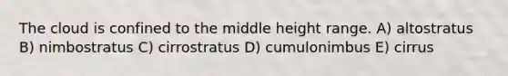 The cloud is confined to the middle height range. A) altostratus B) nimbostratus C) cirrostratus D) cumulonimbus E) cirrus