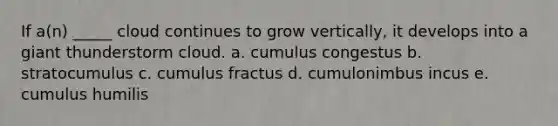 If a(n) _____ cloud continues to grow vertically, it develops into a giant thunderstorm cloud. a. cumulus congestus b. stratocumulus c. cumulus fractus d. cumulonimbus incus e. cumulus humilis