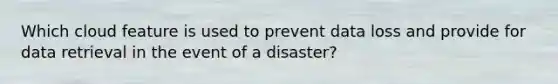 Which cloud feature is used to prevent data loss and provide for data retrieval in the event of a disaster?