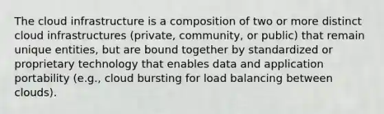 The cloud infrastructure is a composition of two or more distinct cloud infrastructures (private, community, or public) that remain unique entities, but are bound together by standardized or proprietary technology that enables data and application portability (e.g., cloud bursting for load balancing between clouds).