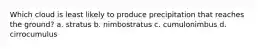 Which cloud is least likely to produce precipitation that reaches the ground? a. stratus b. nimbostratus c. cumulonimbus d. cirrocumulus