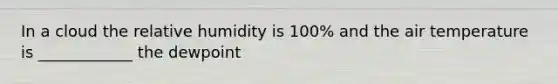 In a cloud the relative humidity is 100% and the air temperature is ____________ the dewpoint