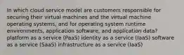 In which cloud service model are customers responsible for securing their virtual machines and the virtual machine operating systems, and for operating system runtime environments, application software, and application data? platform as a service (PaaS) identity as a service (IaaS) software as a service (SaaS) infrastructure as a service (IaaS)