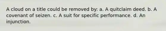 A cloud on a title could be removed by: a. A quitclaim deed. b. A covenant of seizen. c. A suit for specific performance. d. An injunction.