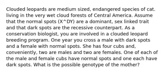 Clouded leopards are medium sized, endangered species of cat. living in the very wet cloud forests of Central America. Assume that the normal spots (X^DY) are a dominant, sex linked trait and that dark spots are the recessive counterpart. As a conservation biologist, you are involved in a clouded leopard breeding program. One year you cross a male with dark spots and a female with normal spots. She has four cubs and, conveniently, two are males and two are females. One of each of the male and female cubs have normal spots and one each have dark spots. What is the possible genotype of the mother?