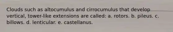 Clouds such as altocumulus and cirrocumulus that develop vertical, tower-like extensions are called: a. rotors. b. pileus. c. billows. d. lenticular. e. castellanus.