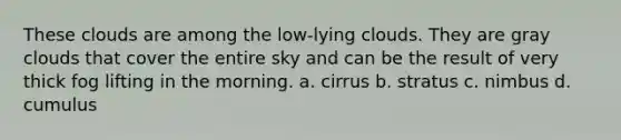 These clouds are among the low-lying clouds. They are gray clouds that cover the entire sky and can be the result of very thick fog lifting in the morning. a. cirrus b. stratus c. nimbus d. cumulus