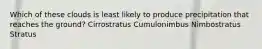 Which of these clouds is least likely to produce precipitation that reaches the ground? Cirrostratus Cumulonimbus Nimbostratus Stratus