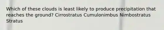 Which of these clouds is least likely to produce precipitation that reaches the ground? Cirrostratus Cumulonimbus Nimbostratus Stratus