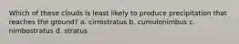 Which of these clouds is least likely to produce precipitation that reaches the ground? a. cirrostratus b. cumulonimbus c. nimbostratus d. stratus