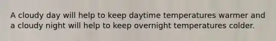 A cloudy day will help to keep daytime temperatures warmer and a cloudy night will help to keep overnight temperatures colder.