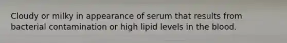 Cloudy or milky in appearance of serum that results from bacterial contamination or high lipid levels in the blood.