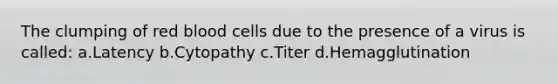 The clumping of red blood cells due to the presence of a virus is called: a.Latency b.Cytopathy c.Titer d.Hemagglutination