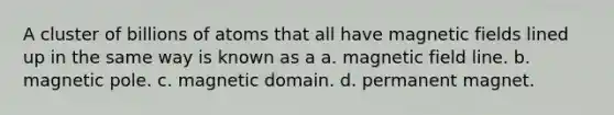 A cluster of billions of atoms that all have magnetic fields lined up in the same way is known as a a. magnetic field line. b. magnetic pole. c. magnetic domain. d. permanent magnet.