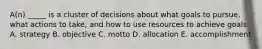 A(n) _____ is a cluster of decisions about what goals to pursue, what actions to take, and how to use resources to achieve goals. A. strategy B. objective C. motto D. allocation E. accomplishment