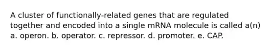 A cluster of functionally-related genes that are regulated together and encoded into a single mRNA molecule is called a(n) a. operon. b. operator. c. repressor. d. promoter. e. CAP.