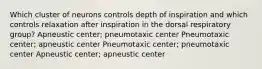 Which cluster of neurons controls depth of inspiration and which controls relaxation after inspiration in the dorsal respiratory group? Apneustic center; pneumotaxic center Pneumotaxic center; apneustic center Pneumotaxic center; pneumotaxic center Apneustic center; apneustic center