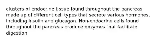 clusters of endocrine tissue found throughout the pancreas, made up of different cell types that secrete various hormones, including insulin and glucagon. Non-endocrine cells found throughout the pancreas produce enzymes that facilitate digestion