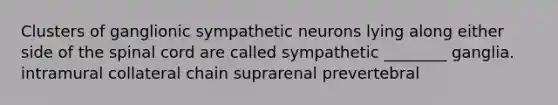 Clusters of ganglionic sympathetic neurons lying along either side of the spinal cord are called sympathetic ________ ganglia. intramural collateral chain suprarenal prevertebral