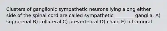 Clusters of ganglionic sympathetic neurons lying along either side of the spinal cord are called sympathetic ________ ganglia. A) suprarenal B) collateral C) prevertebral D) chain E) intramural