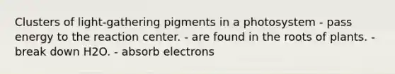 Clusters of light-gathering pigments in a photosystem - pass energy to the reaction center. - are found in the roots of plants. - break down H2O. - absorb electrons